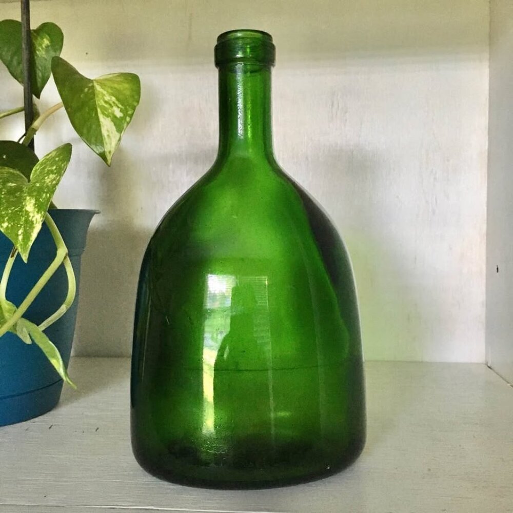 Vintage Green Glass Bottle Bocksbeutel Shape Display Bud Vase Wine Bottle